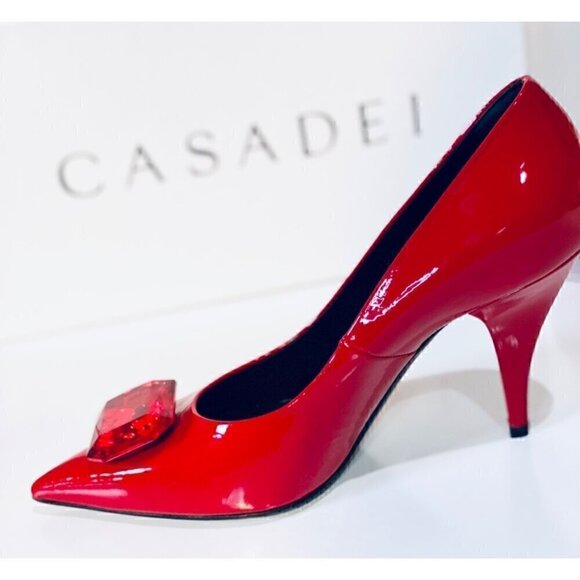 Casadei Red Patent Leather High Heel Pumps sz 36 Faux Rhinestone Gemstone Detail - Picture 8 of 17